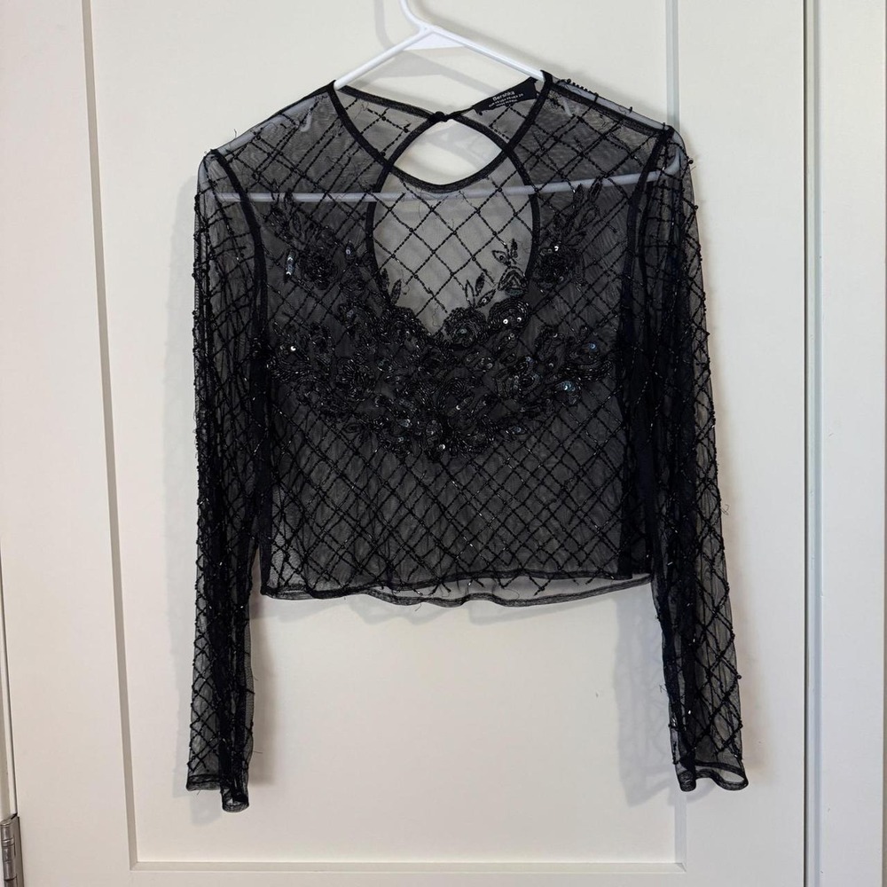 Bershka Womens Black Beaded Mesh Sheer Crop Top Long Sleeve Keyhole Back XS